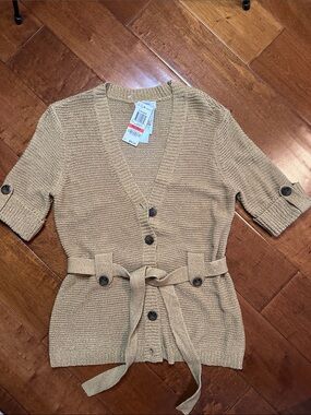 Charter Club Tan Short-Sleeve Knit Cardigan with Tie Belt